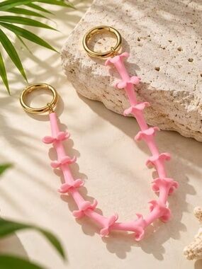 Pink Hawaiian Plumeria Flower Purse Charm Bag Chain Gold Rings